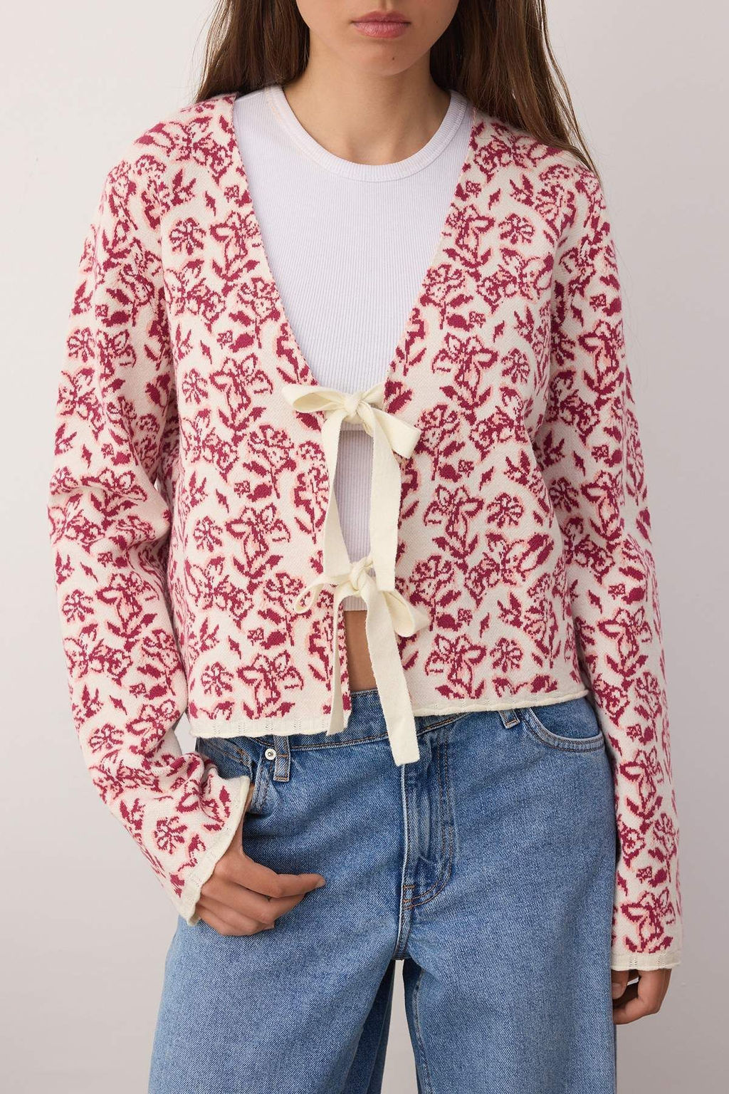 Ekru Yumusak Dokulu Kurdele/Fiyonk Baglamal? Desenli Triko H?rka TWOAW26HI00129 - Trendyolmilla фото 3