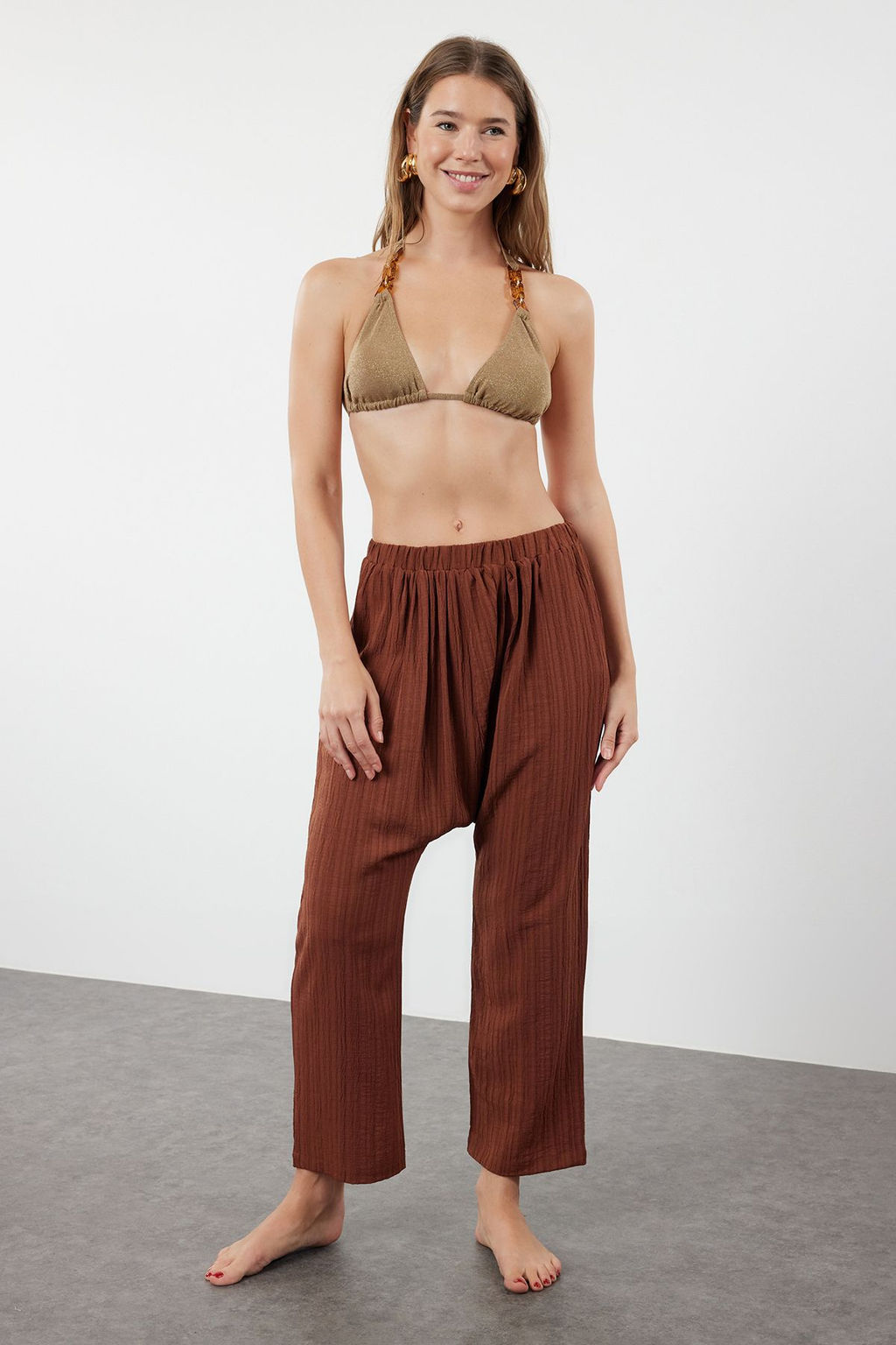 Ekru Dokuma Salvar Plaj Pantolon TBESS24PL00011 - Trendyolmilla фото 18