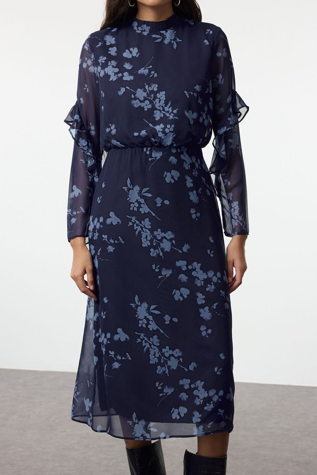 Trendyolmilla Lacivert Cicekli A Kesim Midi Dokuma K?sl?k Elbise TWOAW25EL00348  фото 4
