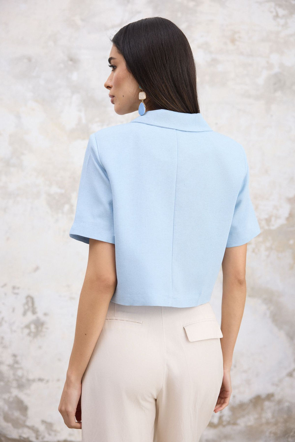 TRENDYOLMILLA Ac?k Mavi Keten K?sa Kollu Baglama Detayl? Dokuma Blazer Ceket TWOSS25BC00027  фото 4