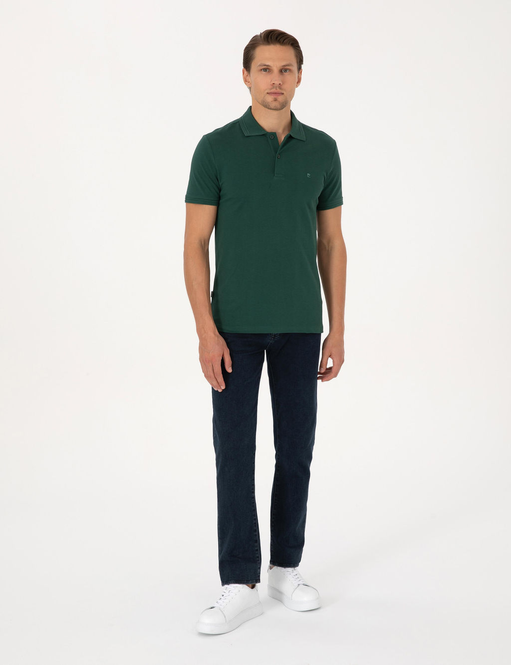 Koyu Ye_il Slim Fit %100 Pamuk K_vr_lmaz Polo Yaka Basic Ti__rt