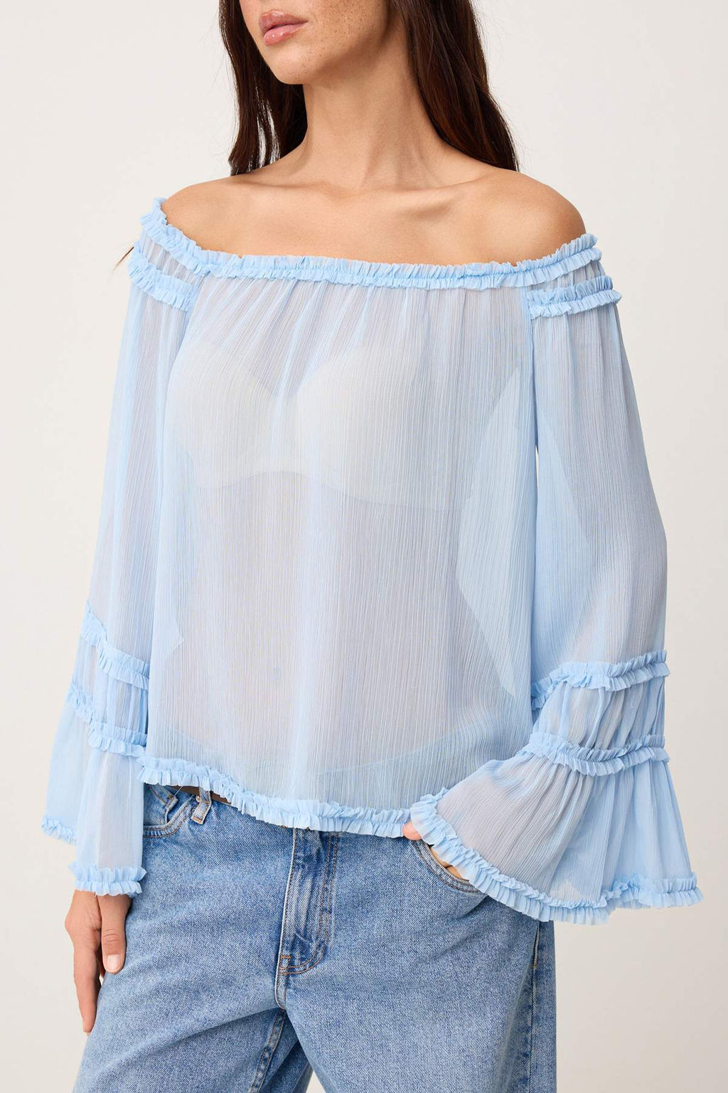 Ac?k Mavi Standart Beden F?rf?r Detayl? Transparan Dokuma Bluz TWOSS26BZ00490 - Trendyolmilla фото 3