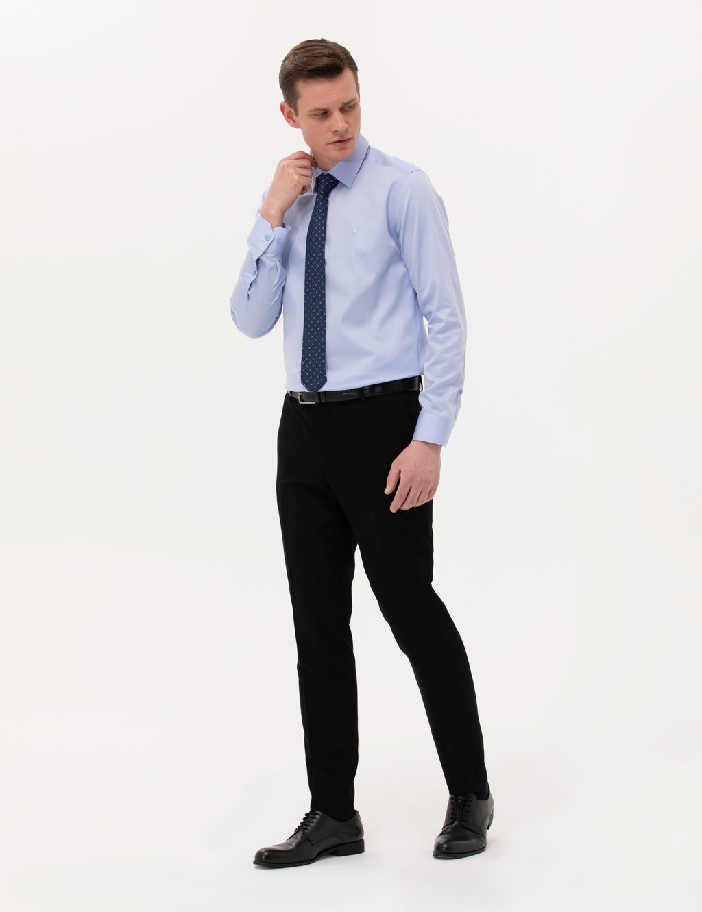 Koyu Mavi %100 Pamuk Parlak Saten Slim Fit Uzun Kollu Basic G_mlek
