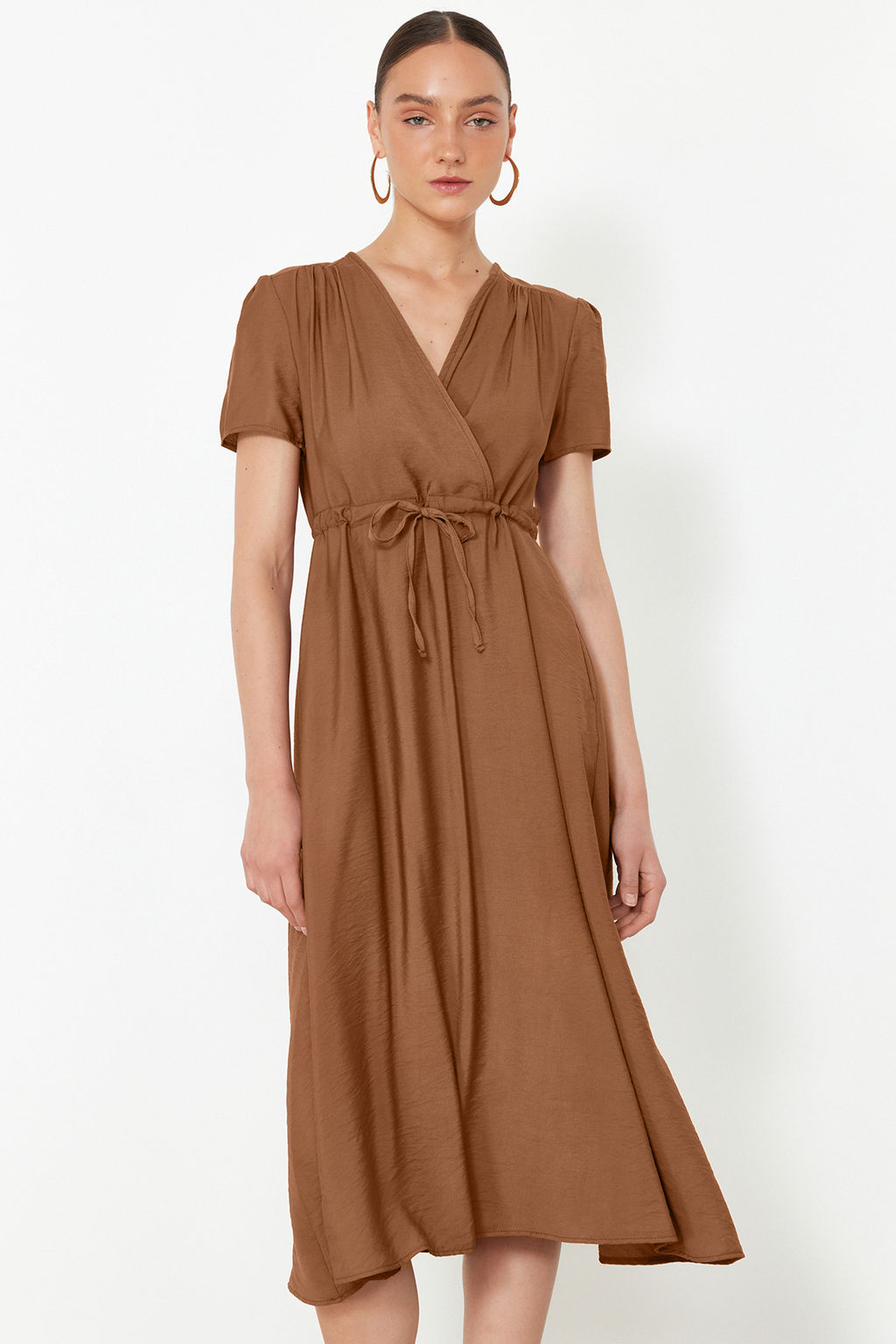 Kahverengi Belden Ac?lan V Yaka Midi Dokuma Elbise TWOSS24EL00501 - Trendyolmilla фото 2