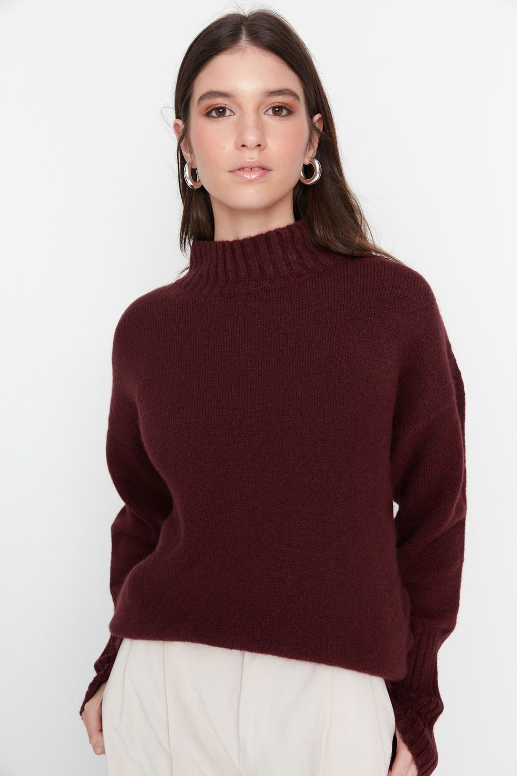 Bordo Genis Kal?p Yumusak Dokulu Basic Triko Kazak TWOAW23KZ00490 - Trendyolmilla фото 2