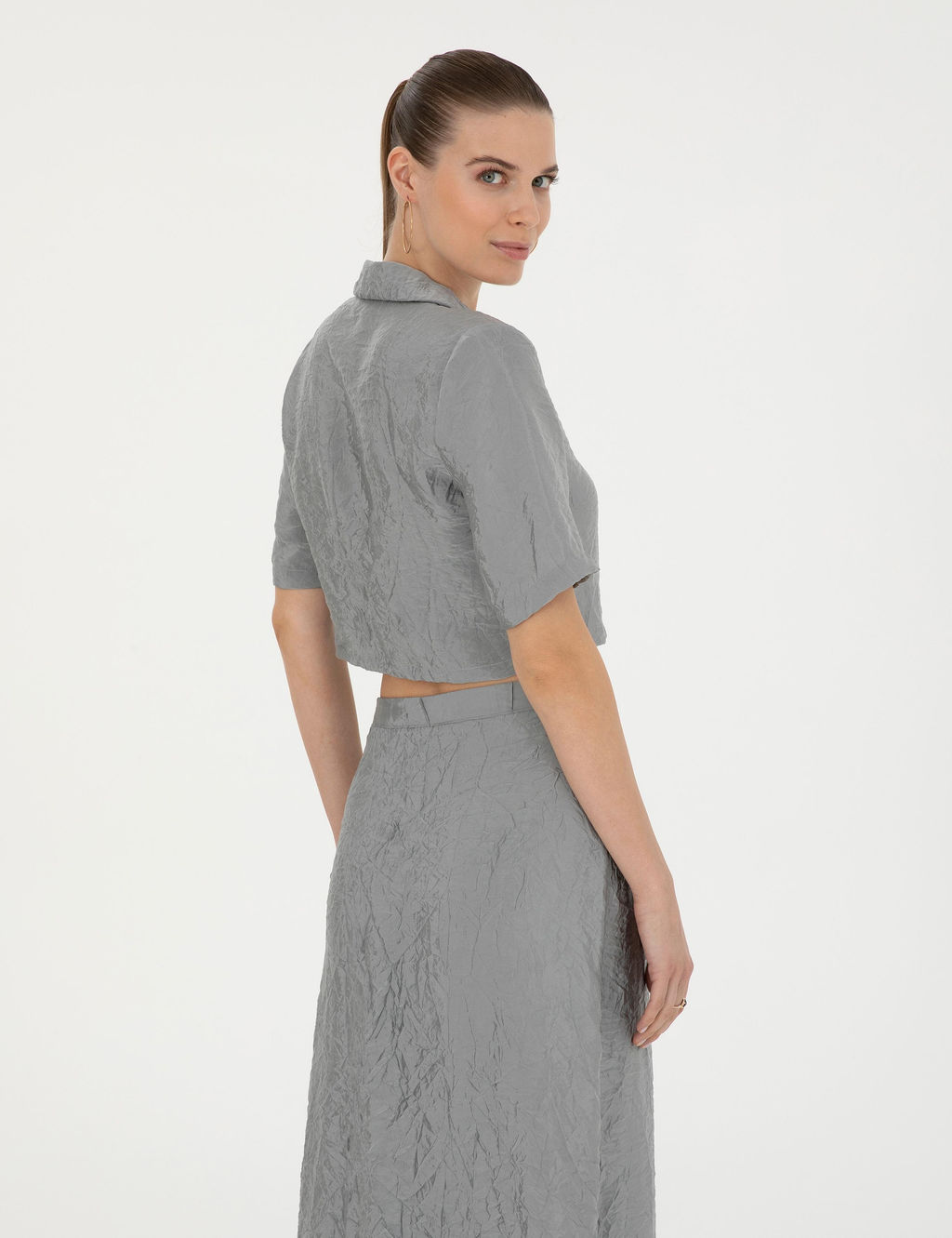 Gri Regular Fit Crop Top K_sa Kollu G_mlek - Pierre cardin фото 5