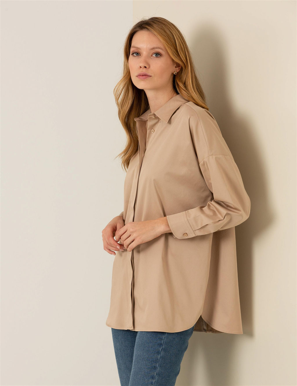 Bej Oversize Uzun Kollu G_mlek