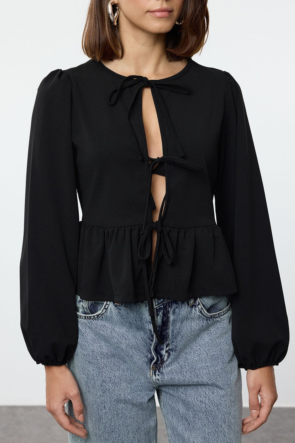 Siyah Baglama Detayl? Regular/Normal Kal?p Esnek Orme Bluz TWOAW25BZ00230