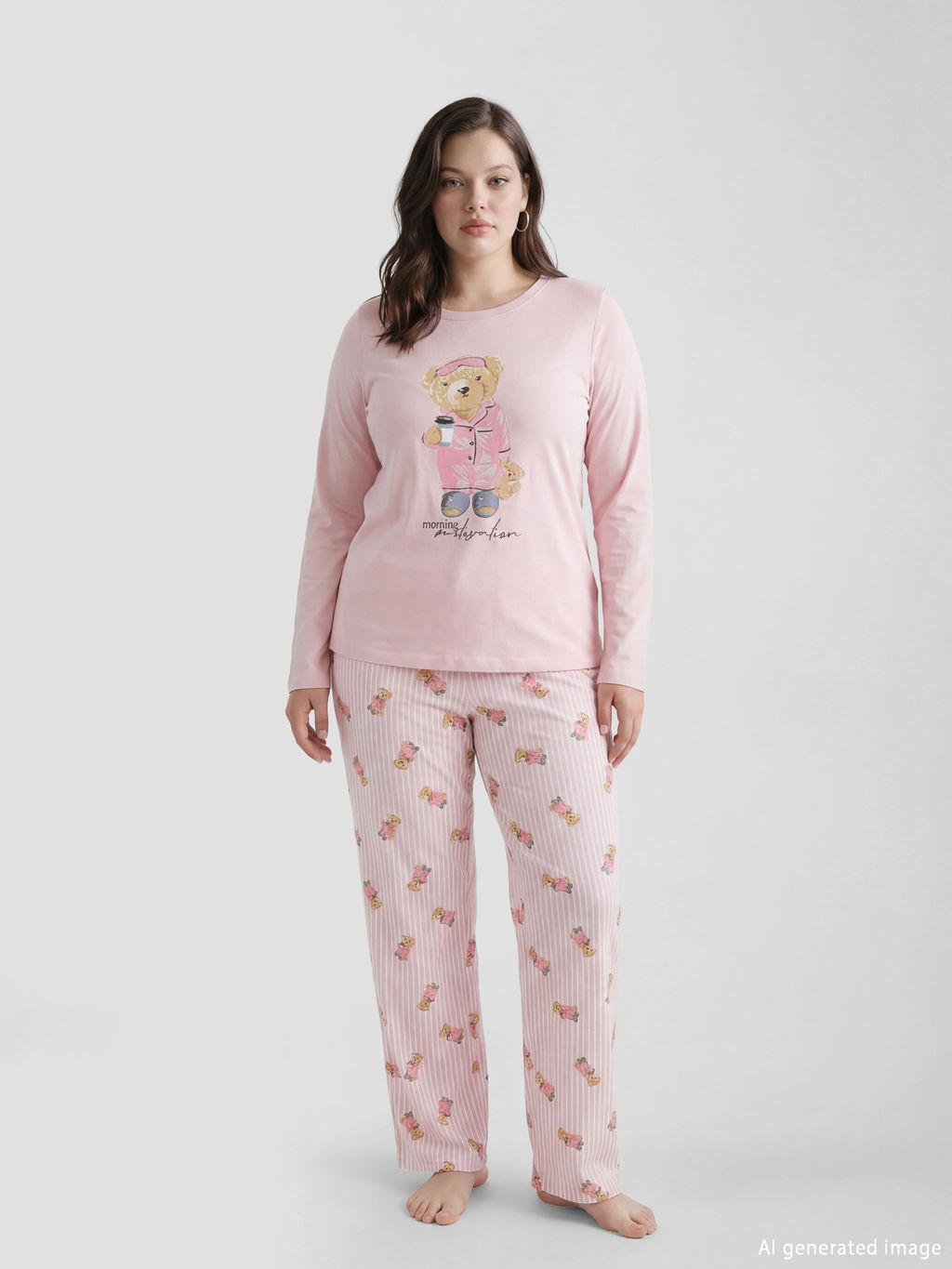 Bisiklet Yaka Ay? Teddy Bask?l? Kad?n Pijama Tak?m