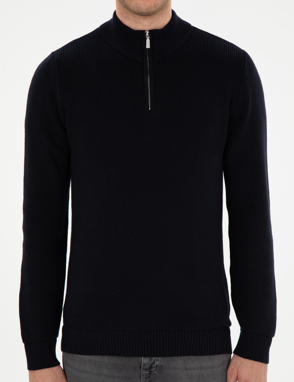 Lacivert Slim Fit Fermuarl_ Dik Yaka Kazak