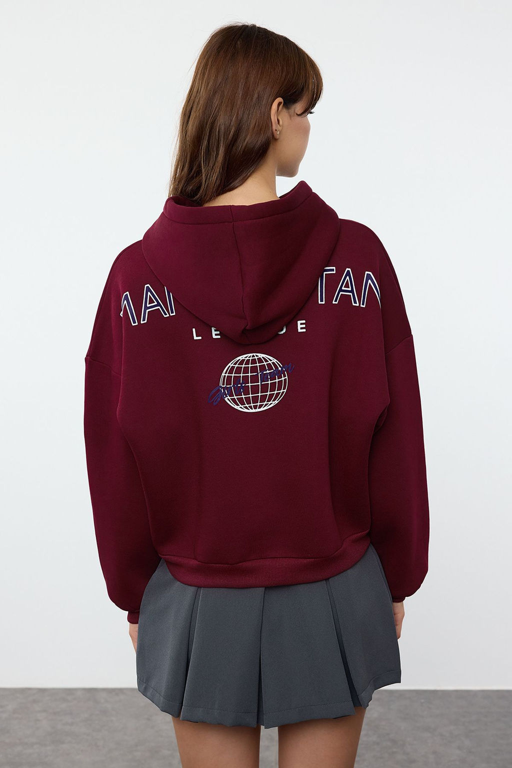 Bordo S?rt Bask? Detayl? Kapusonlu Kal?n Ici Polarl? Orme Sweatshirt TWOAW22SW0711