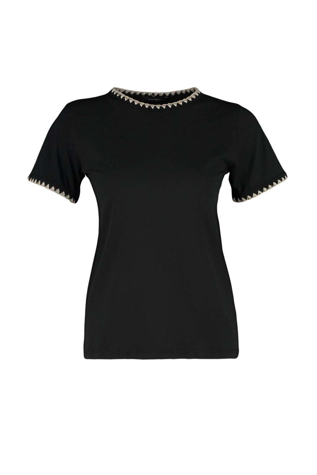 Siyah %100 Pamuk Kontrast Dikis Detayl? Basic Bisiklet Yaka Orme T-Shirt TWOSS19AD0085