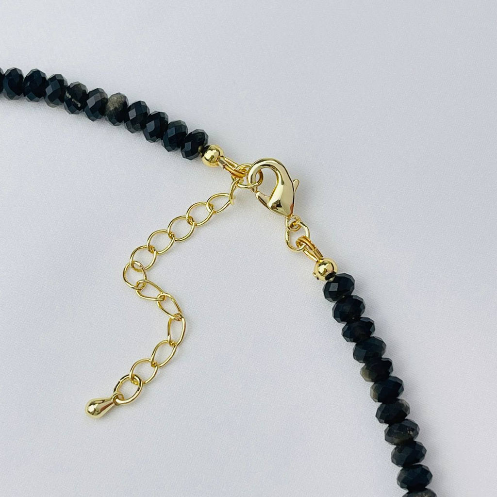 Колье из золотистого Обсидиана и Жемчуга с кулоном из Опала 41 см +