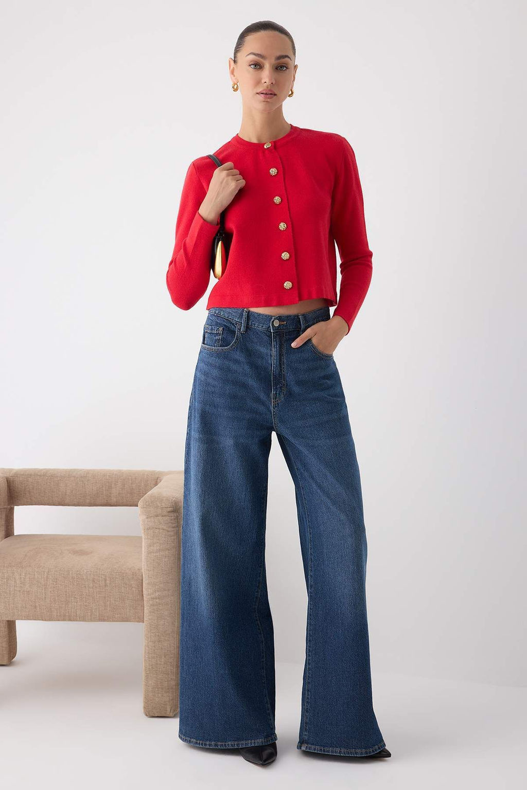 K?rm?z? Duz Dugme Detayl? Crop Premium/Ozel Iplik Triko H?rka TWOAW26HI00094 - Trendyolmilla фото 2