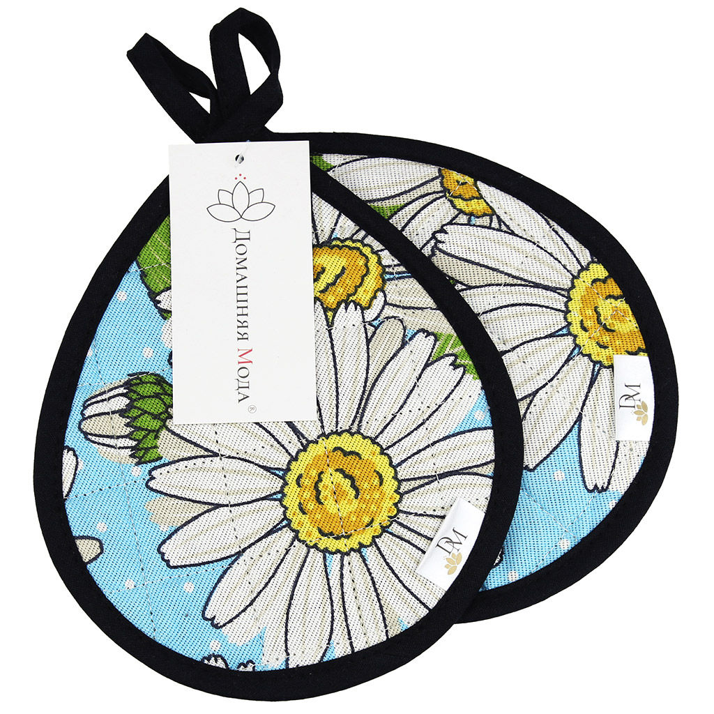 Кухонный комплект Душистая ромашка, вид 4: прихватка 18х20см форма Капелька - 2шт, рогожка 171г/м2, хлопок 100%, наполнитель - ватин 280г/м2, на пластмассовом подвесе, Домашняя мода (Россия)  фото 3