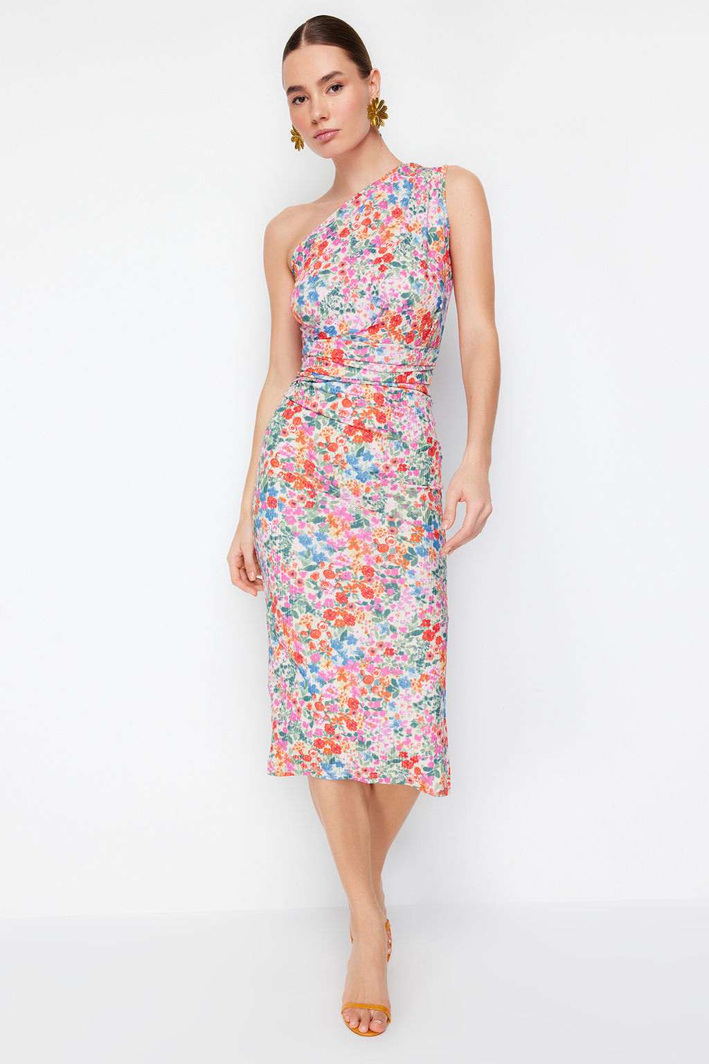 Cok Renkli Vucuda Oturan Tek Omuz Asimetrik Buzgu Detayl? Orme Midi Kalem Elbise TWOSS23EL02182