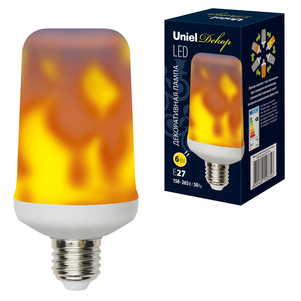 LED-L60-6W/FLAME/E27/FR PLD01WH Лампа светодиодная декоративная с типом свечения эффект пламени. Форма цилиндр, матовая. Картон. ТМ Uniel.