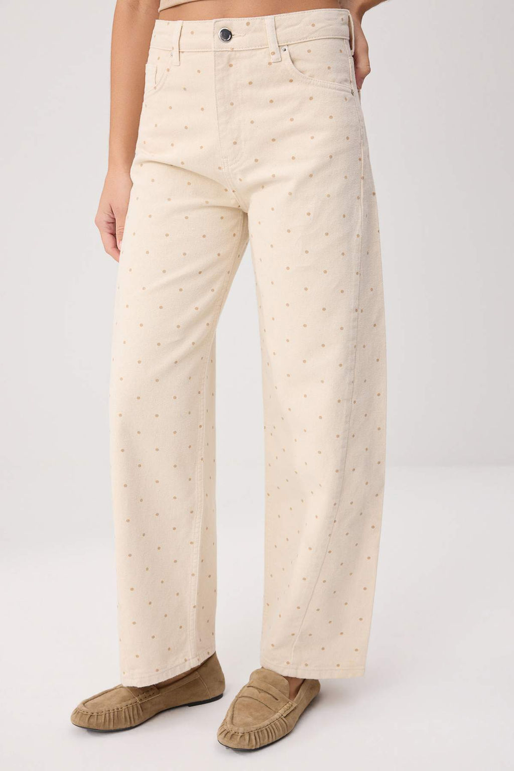 Bej Puantiye Desenli Y_ksek Bel Barrel %100 Pamuk Non-Stretch Jeans TWOSS26JE00345 - Trendyolmilla фото 3