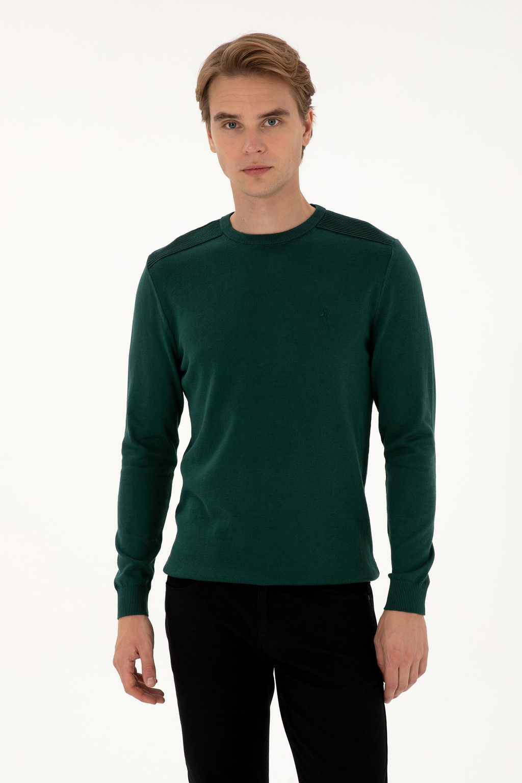 Erkek Slim Fit Bisiklet Yaka Ye_il Basic Kazak