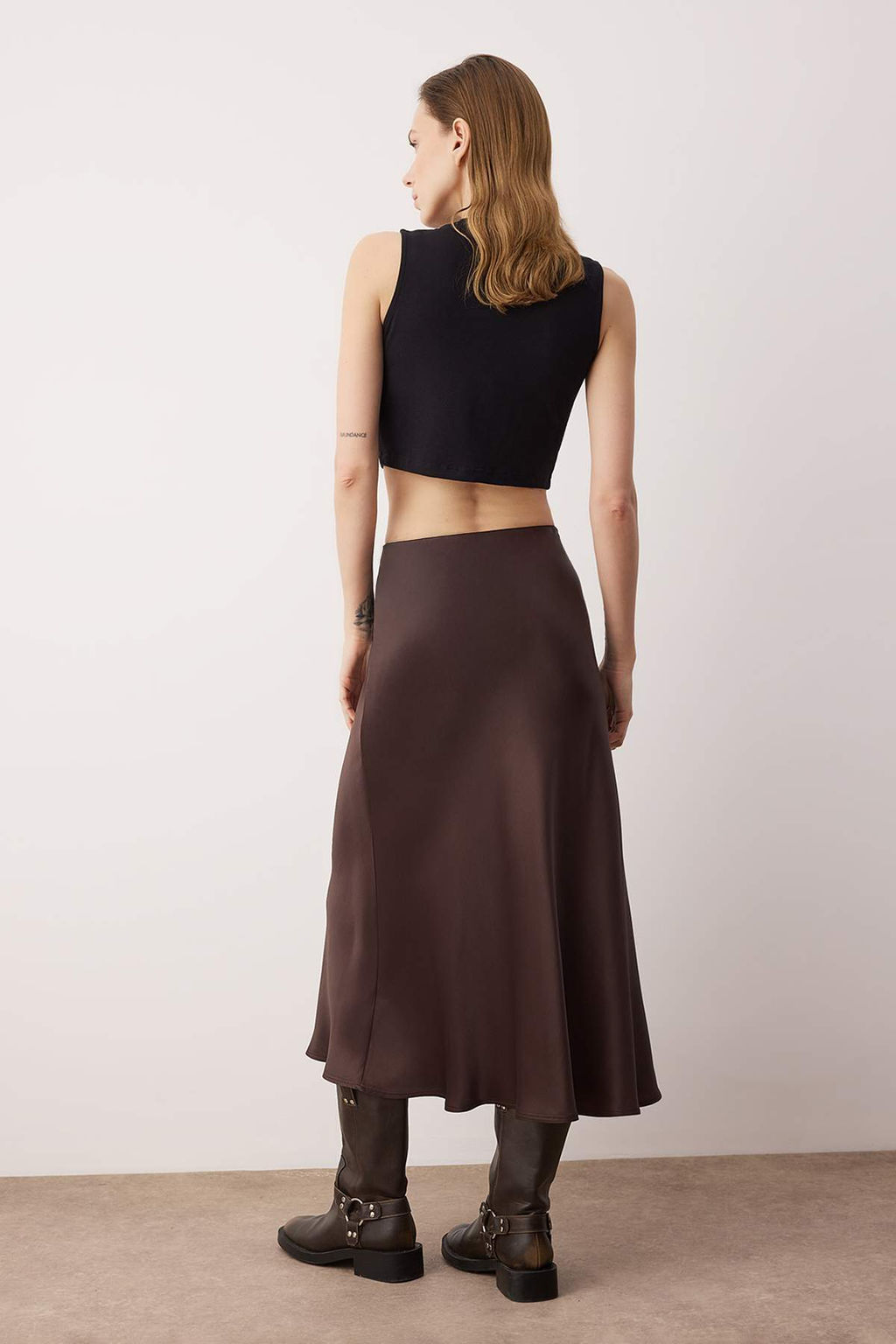 Kahverengi Saten A-line/Can Kesim Midi Etek TWOAW26ET00163