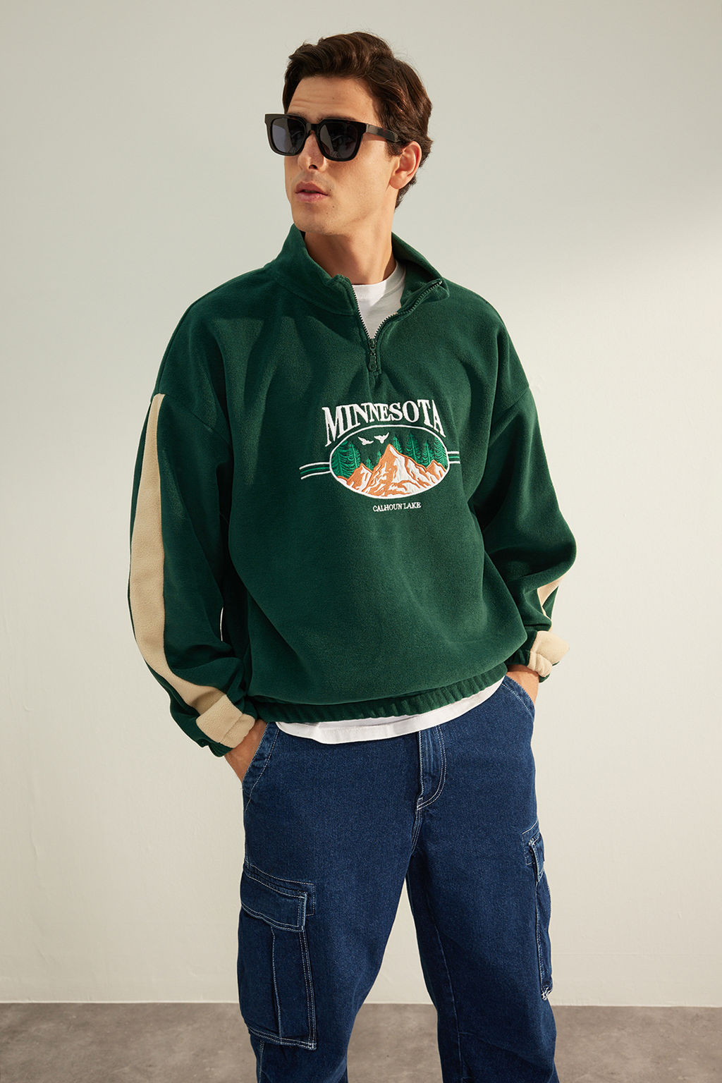 Zumrut Yesili Unisex Oversize/Genis Kesim Dik Yaka Anti-pilling Polar Sweatshirt TMNAW24SW00034