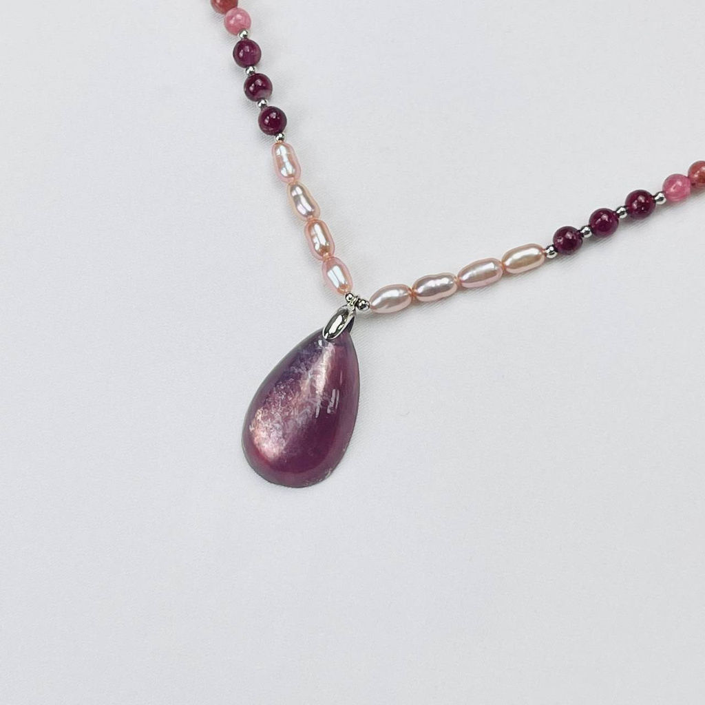 Бусы-чокер из Турмалина и Жемчуга с кулоном из Лепидолита