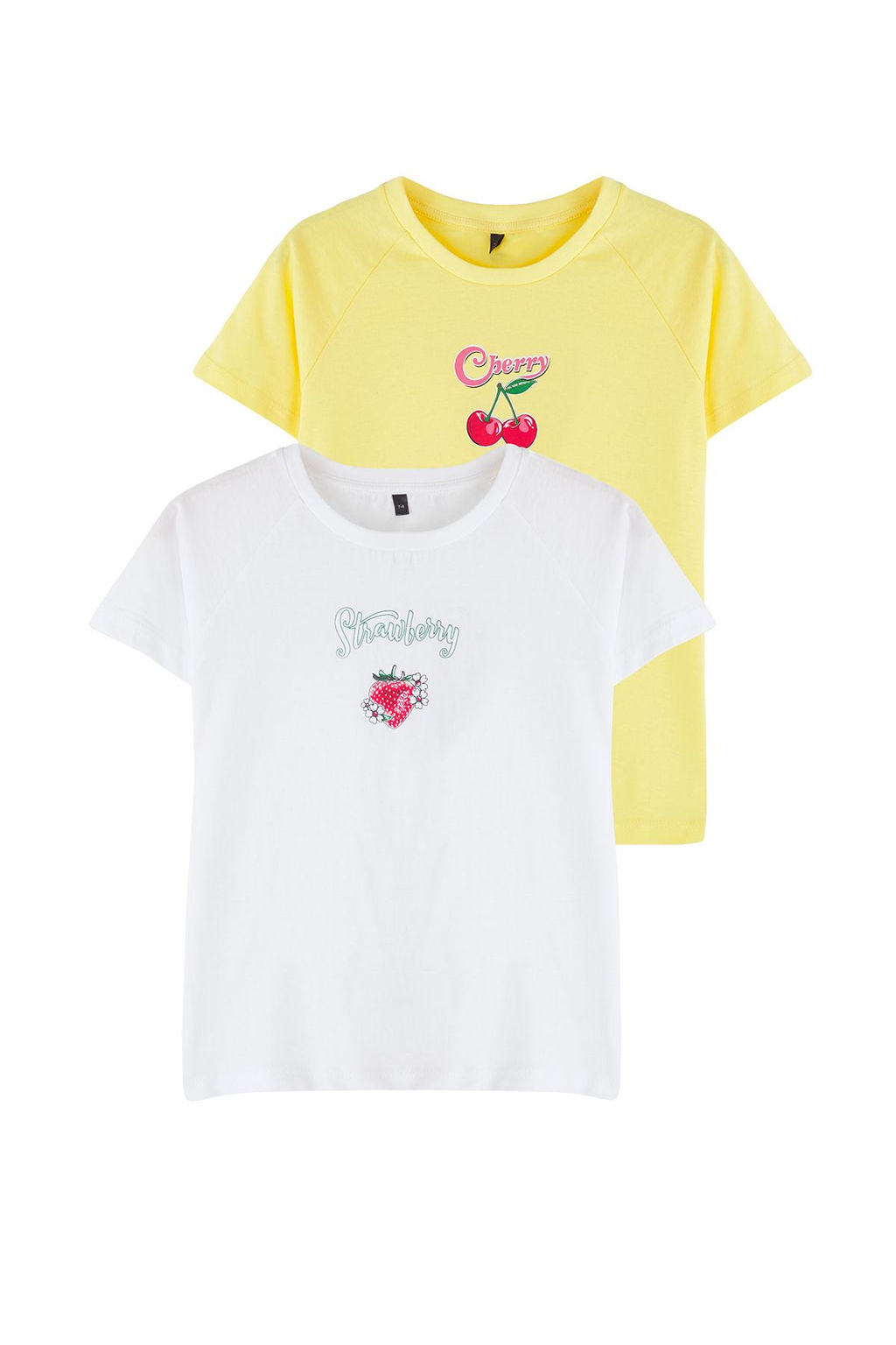 Beyaz-Sar? 2li K?z Cocuk %100 Pamuk Meyve Bask?l? K?sa Kol Orme T-Shirt TKDSS25TS00095