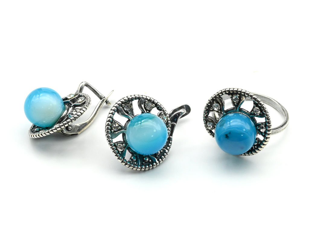 Кольцо Серьги с агатом тонированным, цв.голубой размер 18