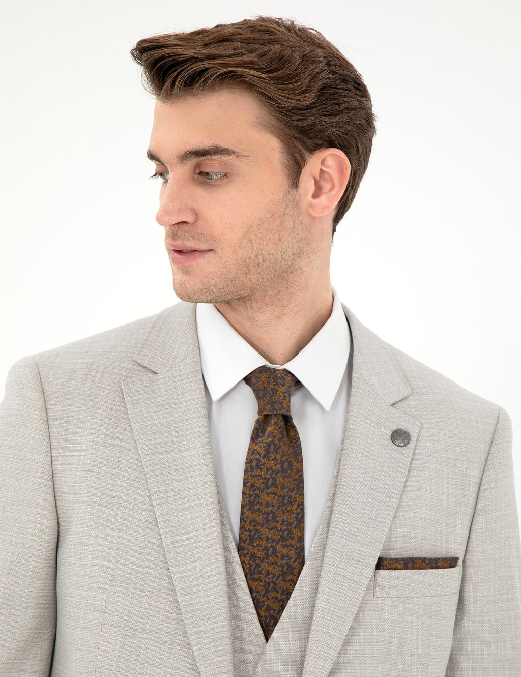 Bej Ex. Slim Fit Yelekli Tak_m Elbise