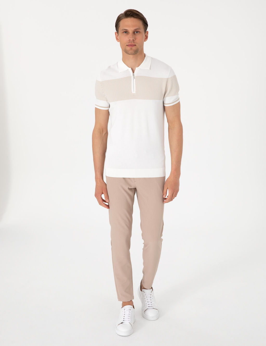 Ekru Slim Fit Fermuarl_ Polo Yaka Triko Ti__rt