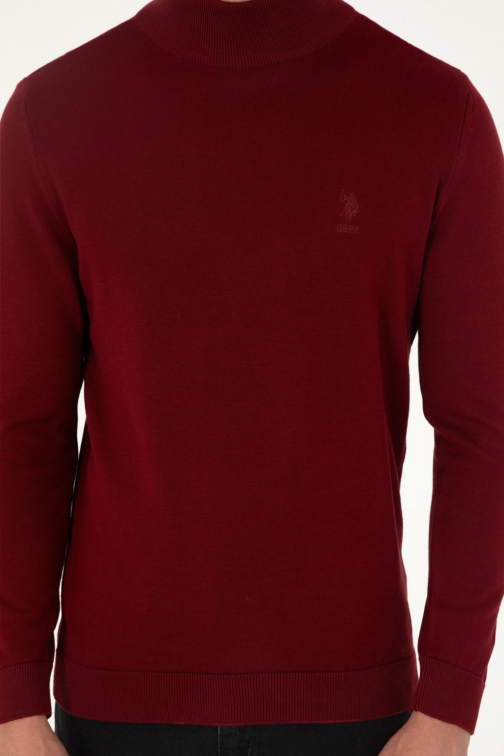 Erkek Slim Fit Yar_m Bo_azl_ Bordo Basic Kazak