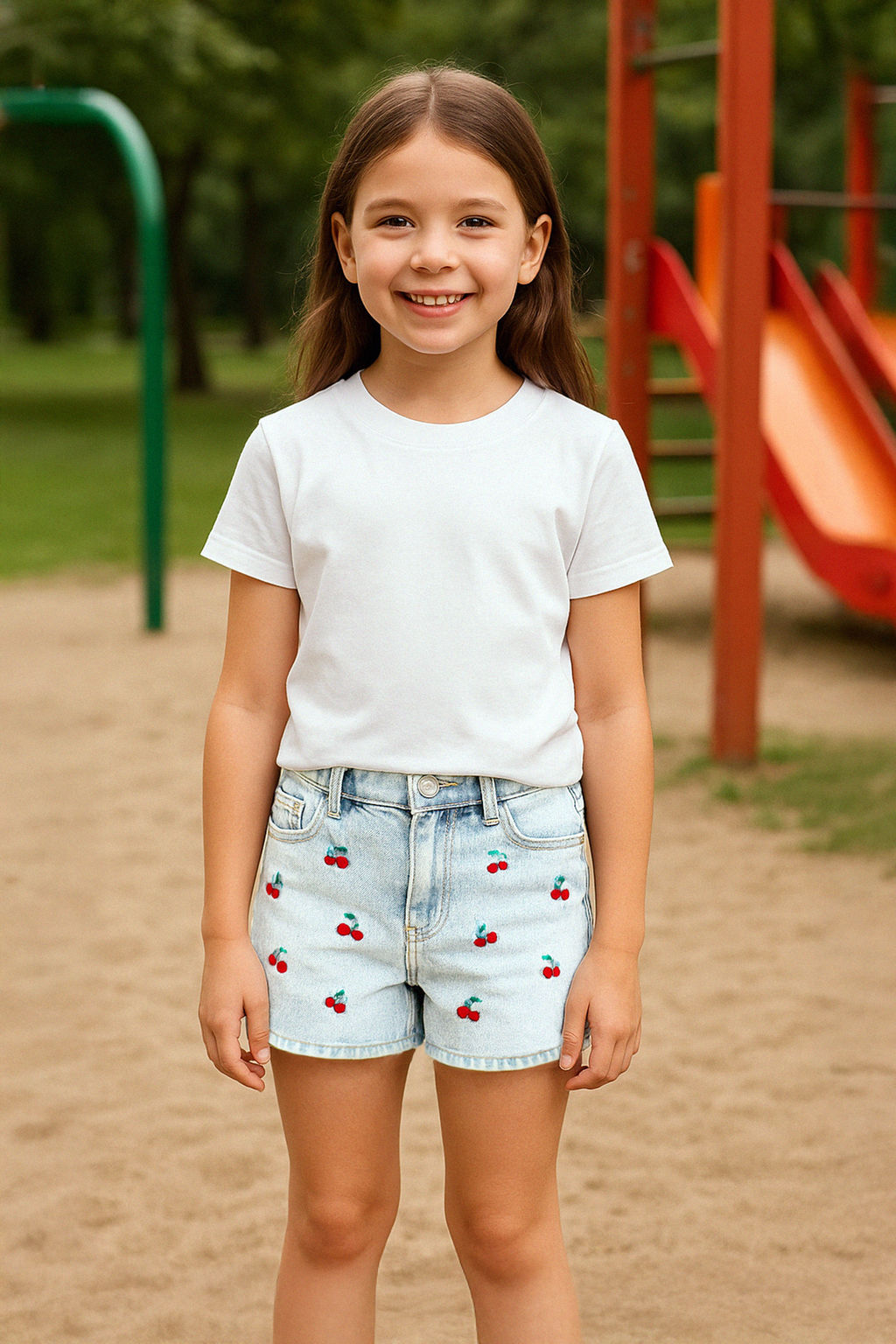 Mavi K?z Cocuk %100 Pamuk Kiraz Nak?sl? Lastikli Denim Sort & Bermuda TKDSS25SR00036