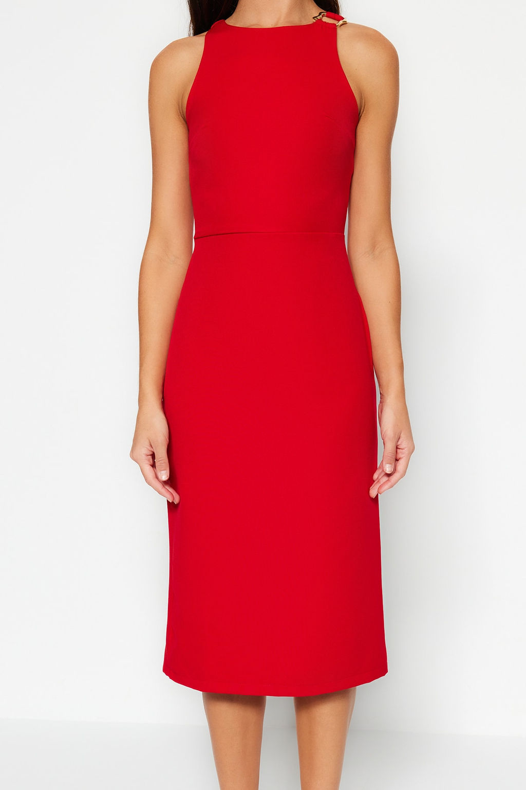 TRENDYOLMILLA Petrol Vucuda Oturan Yakas? Aksesuar Detayl? Midi Kalem Etek Dokuma Elbise TWOSS23EL02115  фото 17