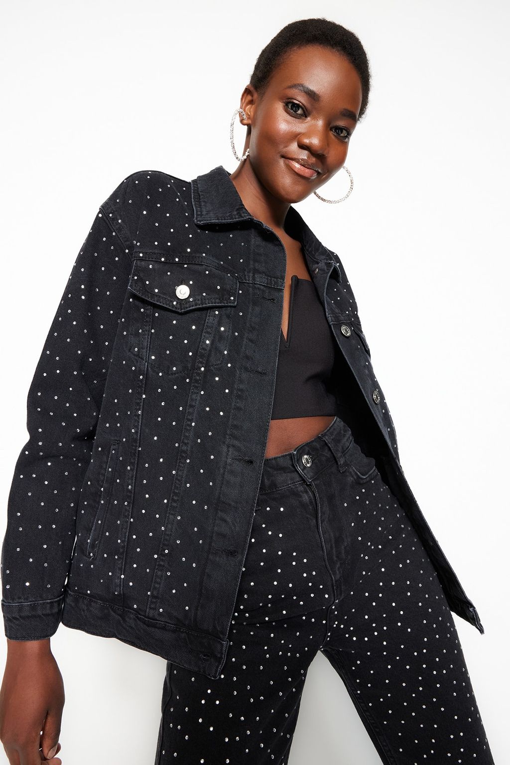 Siyah Tasl? Oversize Denim Ceket TWOSS23CE00044 - Trendyolmilla фото 2