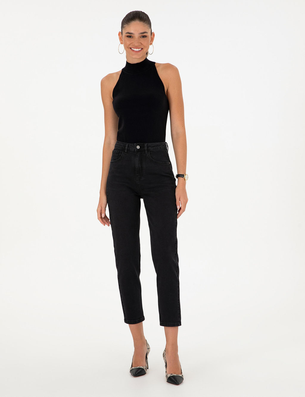 Siyah Mom Fit Geni_ Kal_p Jean Pantolon