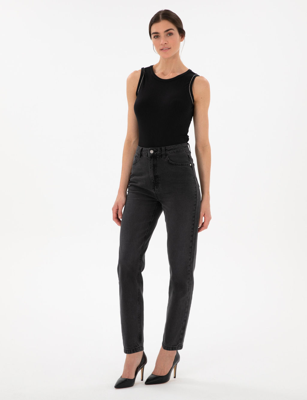 Antrasit Mom High Waist Fit Jean Pantolon