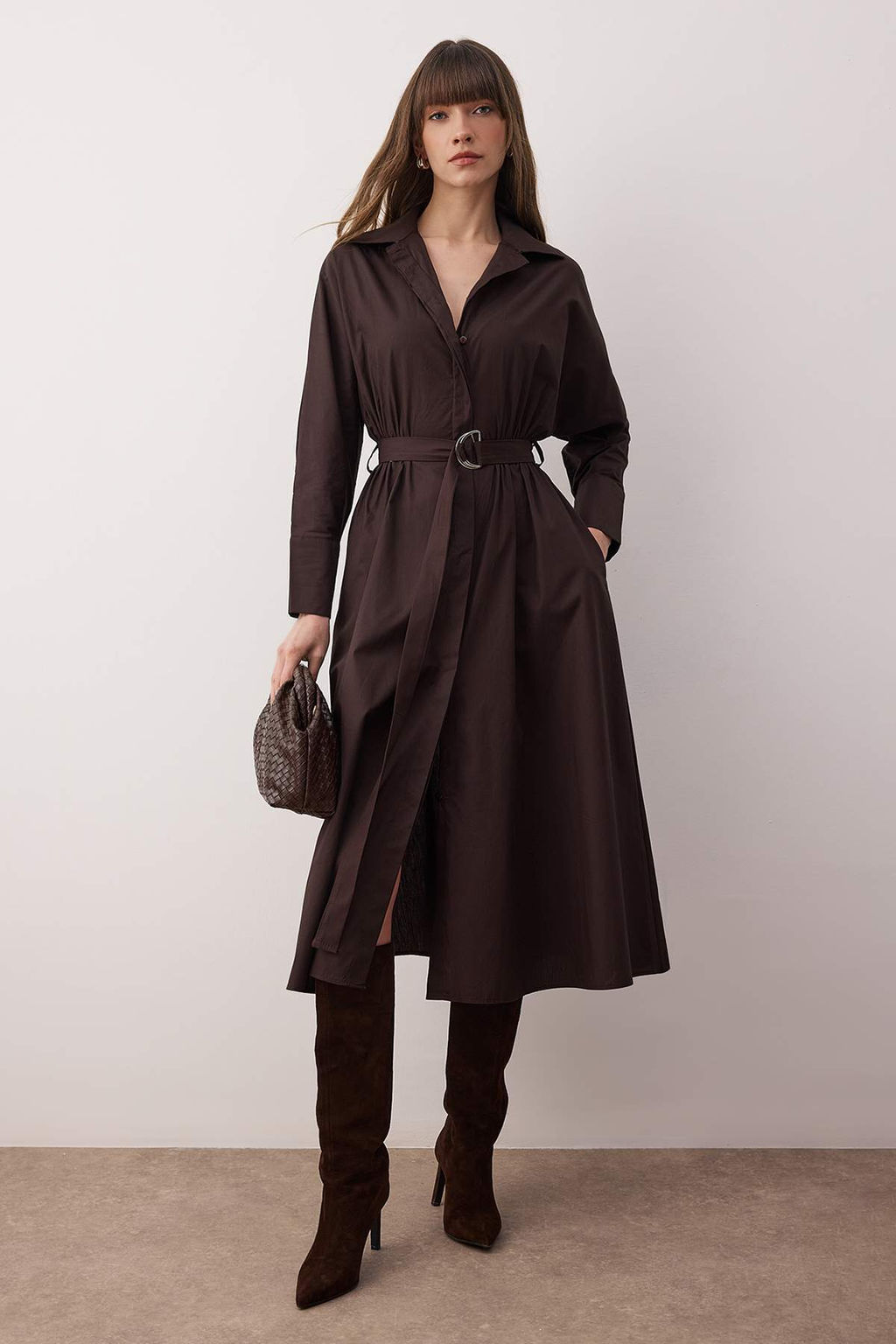 Koyu Kahverengi Kusakl? Midi Dokuma Elbise TWOAW26EL00338