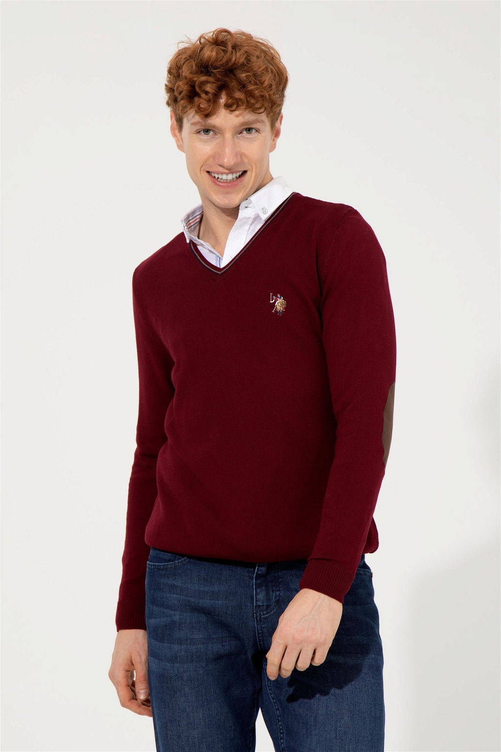 U. S. Polo Assn Мужской базовый трикотажный свитер бордового цвета с v-образным вырезом - U.s. polo assn фото 8