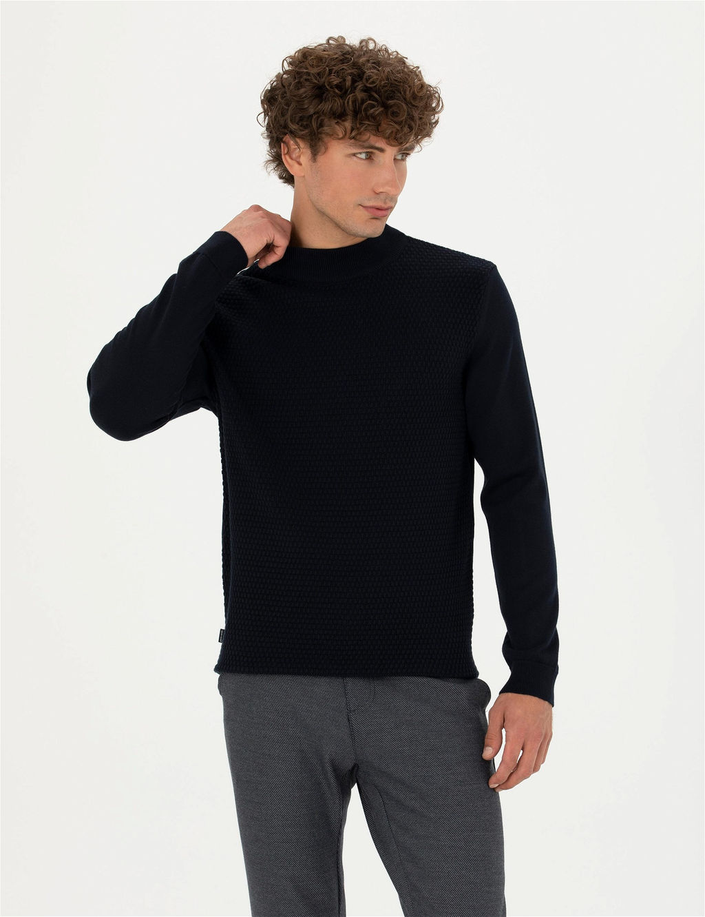 Lacivert Slim Fit Yar_m Bal_k__ Yaka Triko Kazak