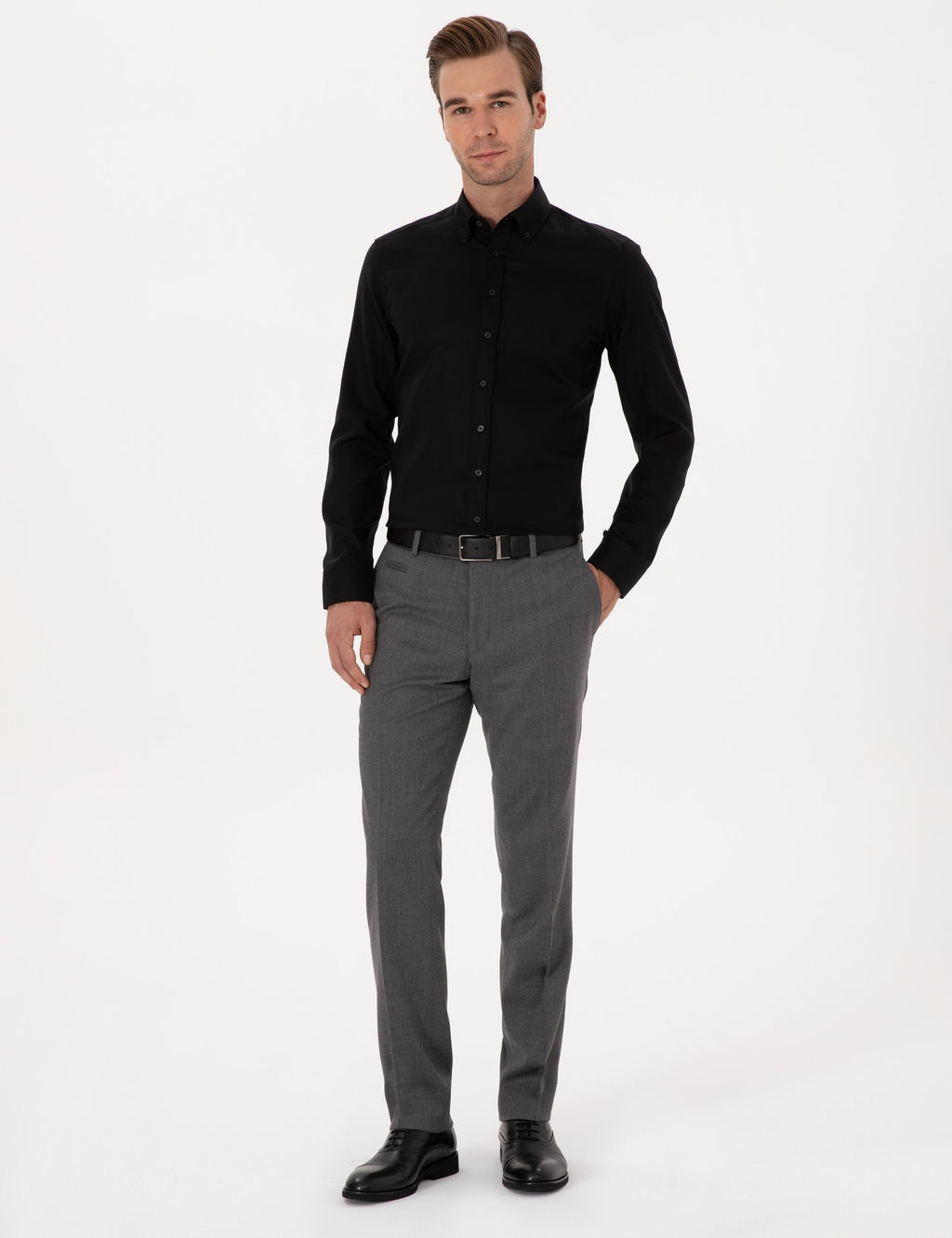 Siyah Slim Fit %100 Pamuk Yakas_ D__meli Oxford G_mlek