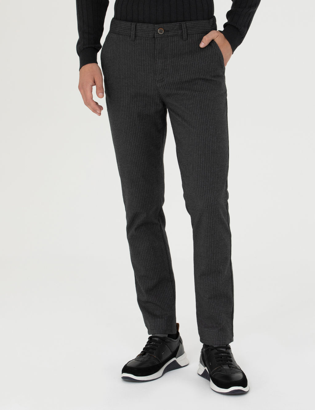 Antrasit Slim Fit _izgili Kanvas Pantolon