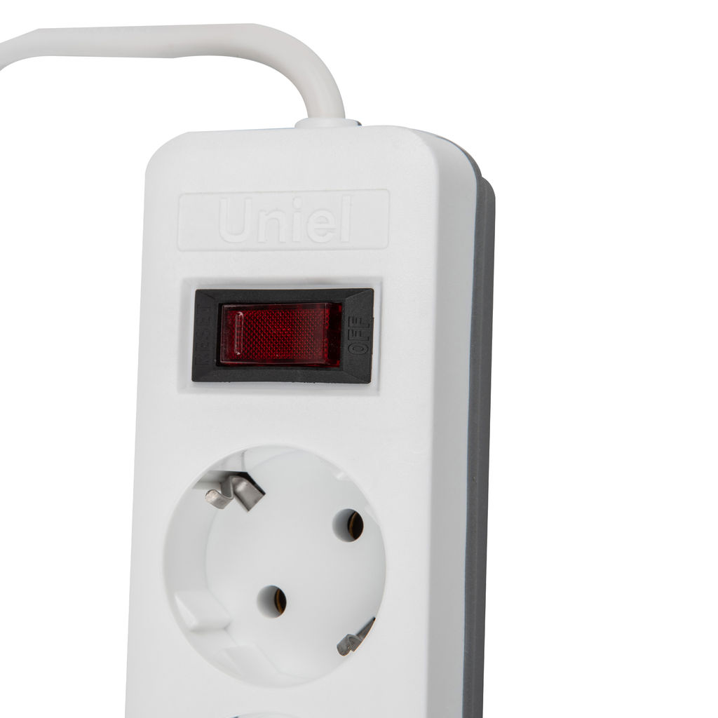 S-GSR5-3 U2C1 WHITE/GREY Сетевой фильтр серии Standard, шнур 3м (Пвс 3х0,75), 5 гнезд, с/з, 2USB+1TYPE C, 10A, 2500Вт. Белый/серый. TM Uniel