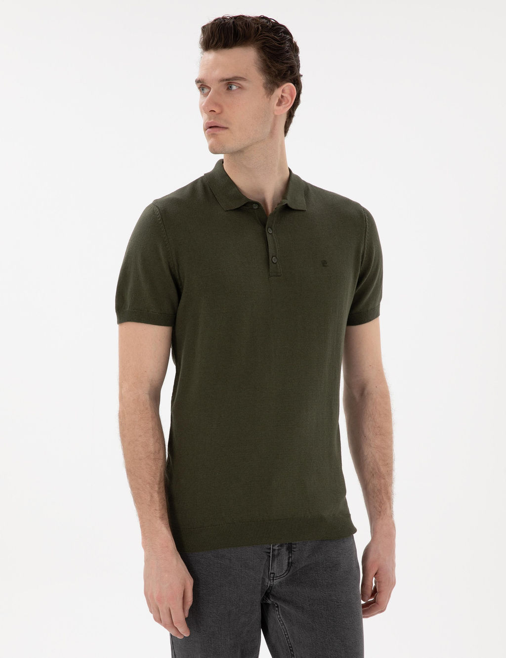 Haki Slim Fit D__meli Polo Yaka Triko Ti__rt