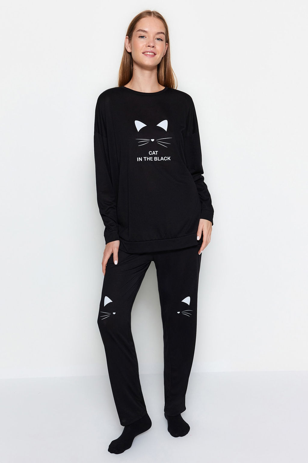 Trendyolmilla Siyah-Beyaz %100 Pamuklu Bask?l? Orme Pijama Tak?m? THMAW22PT0611  фото 3