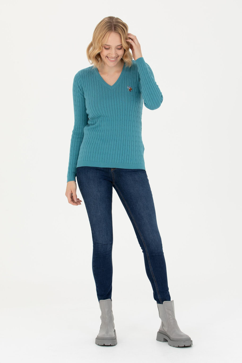 Женский базовый свитер бензинового цвета с v-образным вырезом Неожиданная скидка в корзине - U.s. polo assn фото 4