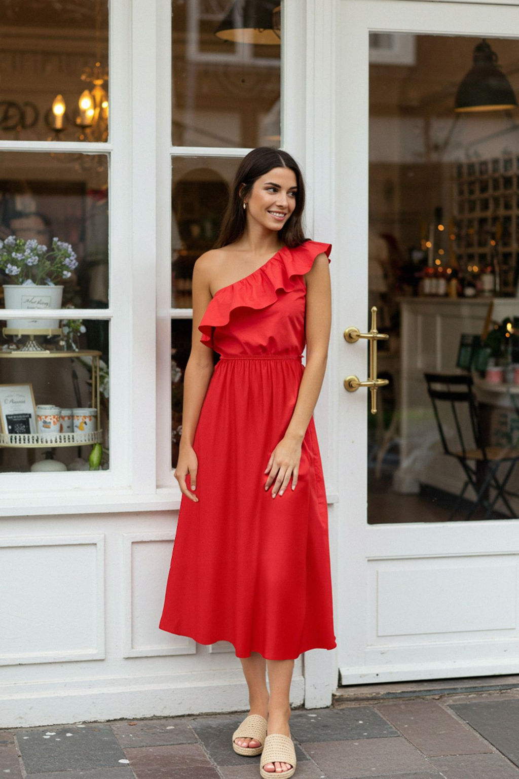 TRENDYOLMILLA Indigo Cicekli Etegi Belden Ac?lan Asimetrik Yaka Midi Dokuma Elbise TWOSS25EL00283