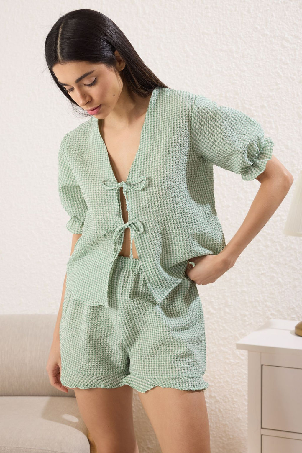 Trendyolmilla Mavi Dokulu Potikareli Baglama/Kurdele/Fiyonk Detayl? Sortlu Dokuma Pijama Tak?m? THMSS24PT00149  фото 24