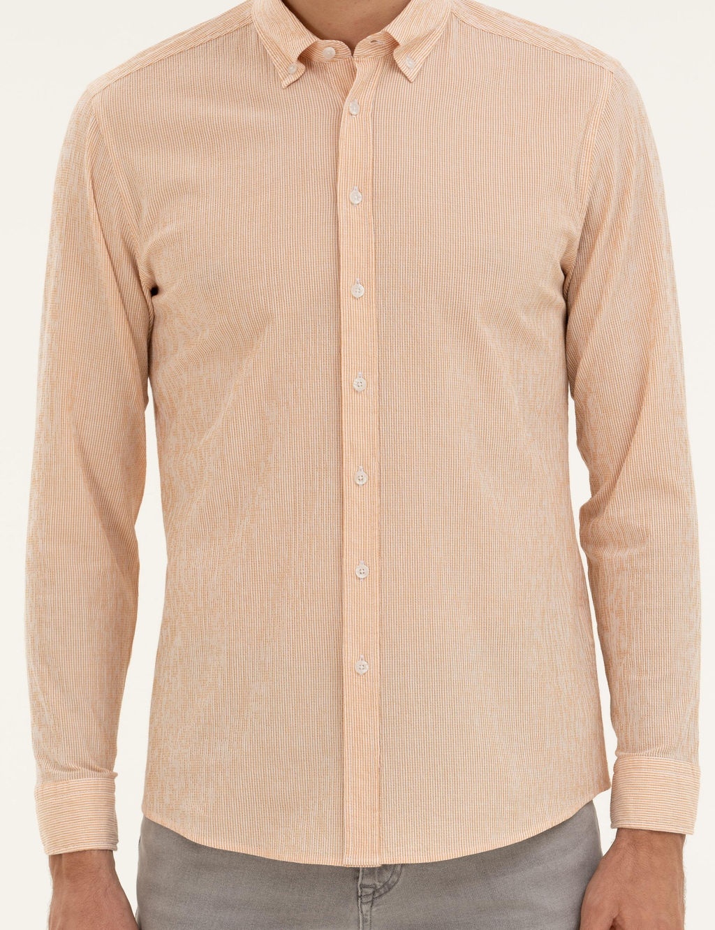 Оранжевая рубашка узкого кроя из смесового хлопка в полоску - Cacharel фото 6