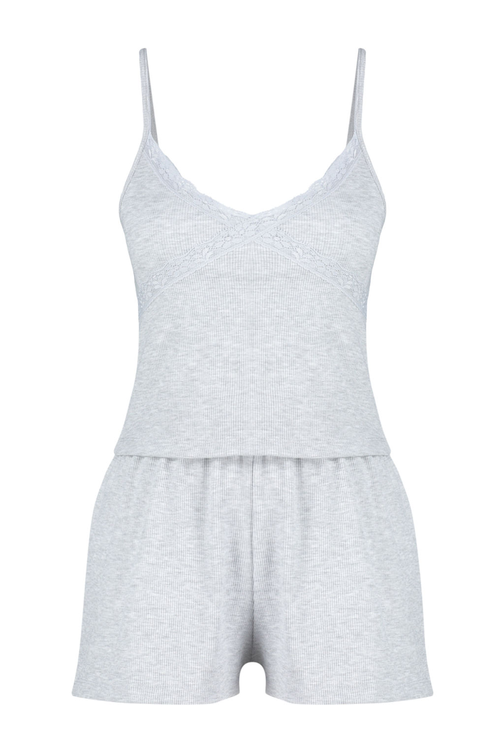Trendyolmilla Gri Melanj Dantelli Ip Ask?l? Fitilli Sortlu Orme Pijama Tak?m? THMSS24PT00080  фото 7
