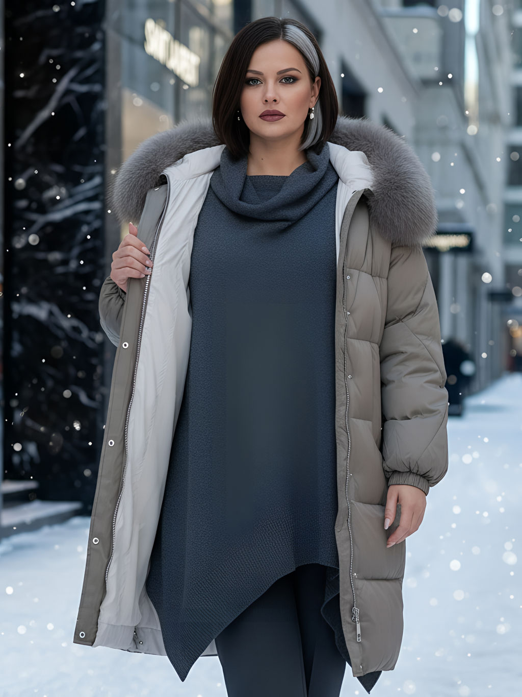 Пальто зимнее утепленное с мехом и капюшоном тренд коричневого цвета 7629K - Visdeer фото 20